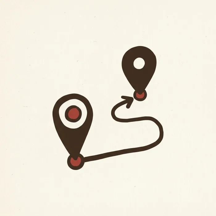 Illustration of a stylized map pin and route line on a plain, generic ground, with no street names or landmarks shown.