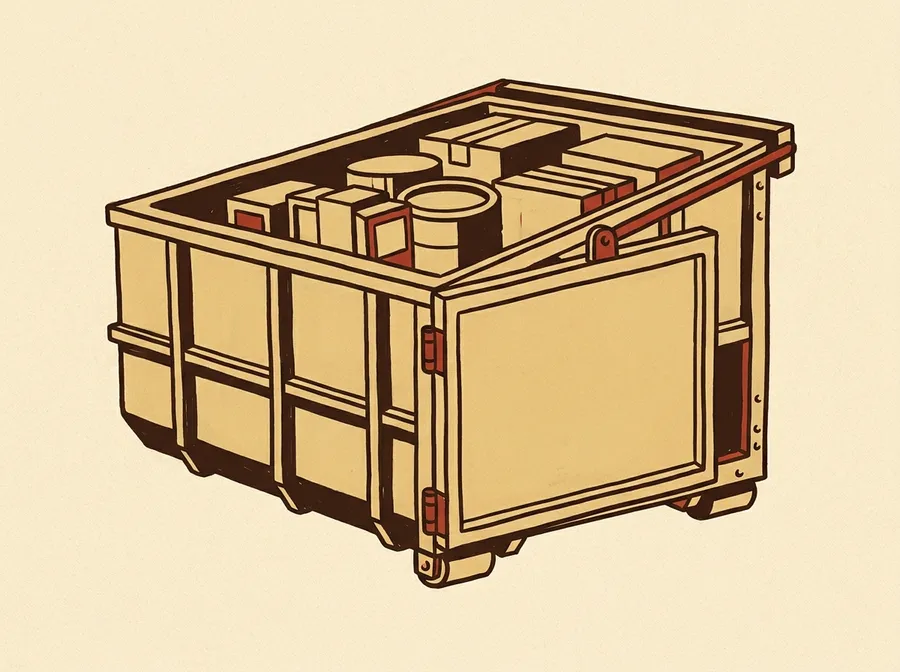 Illustration of an open truck bed carrying simple stacked geometric shapes, the cargo door left plain and blank.