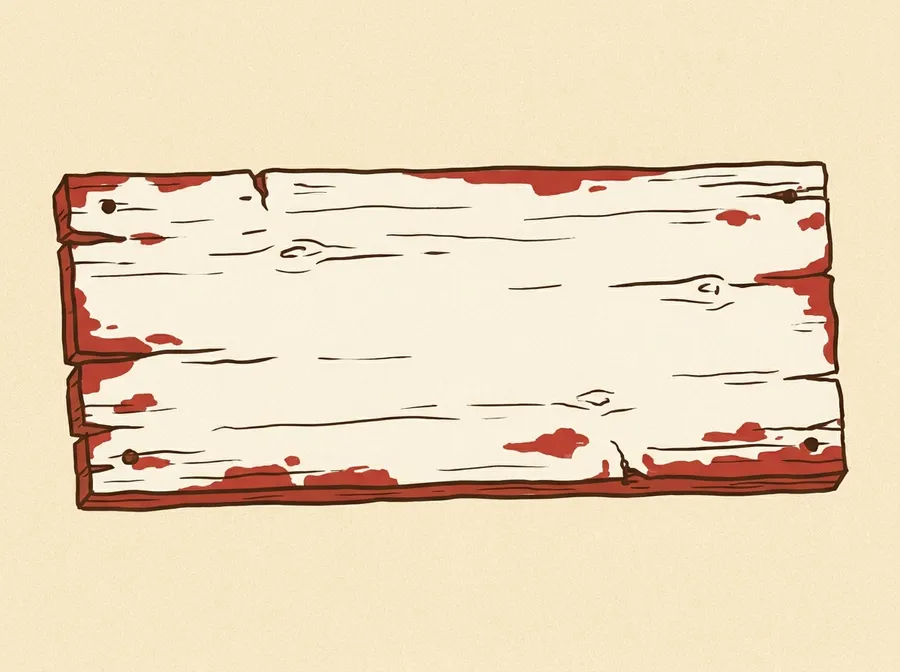Illustration of a single weathered painted wooden board, shown close and flat, carrying no words or numbers.
